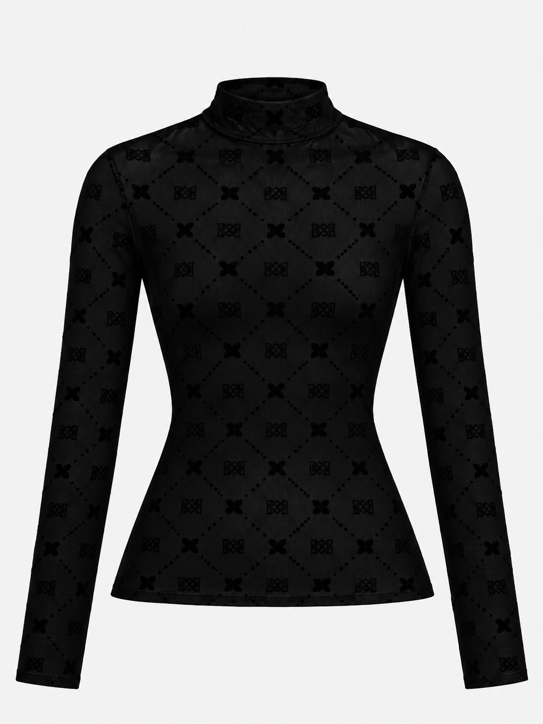 Yugada Monogram Flock Mesh Turtleneck Top