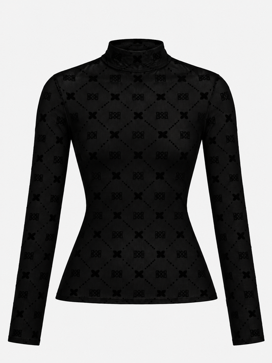 Yugada Monogram Flock Mesh Turtleneck Top